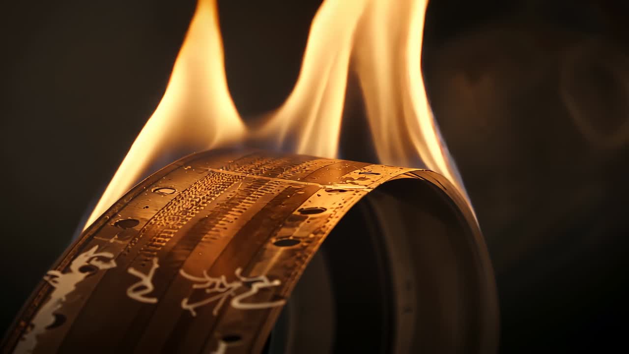 Igniting flame consuming filmstrip with sprocket holes in dark space, embers forming
