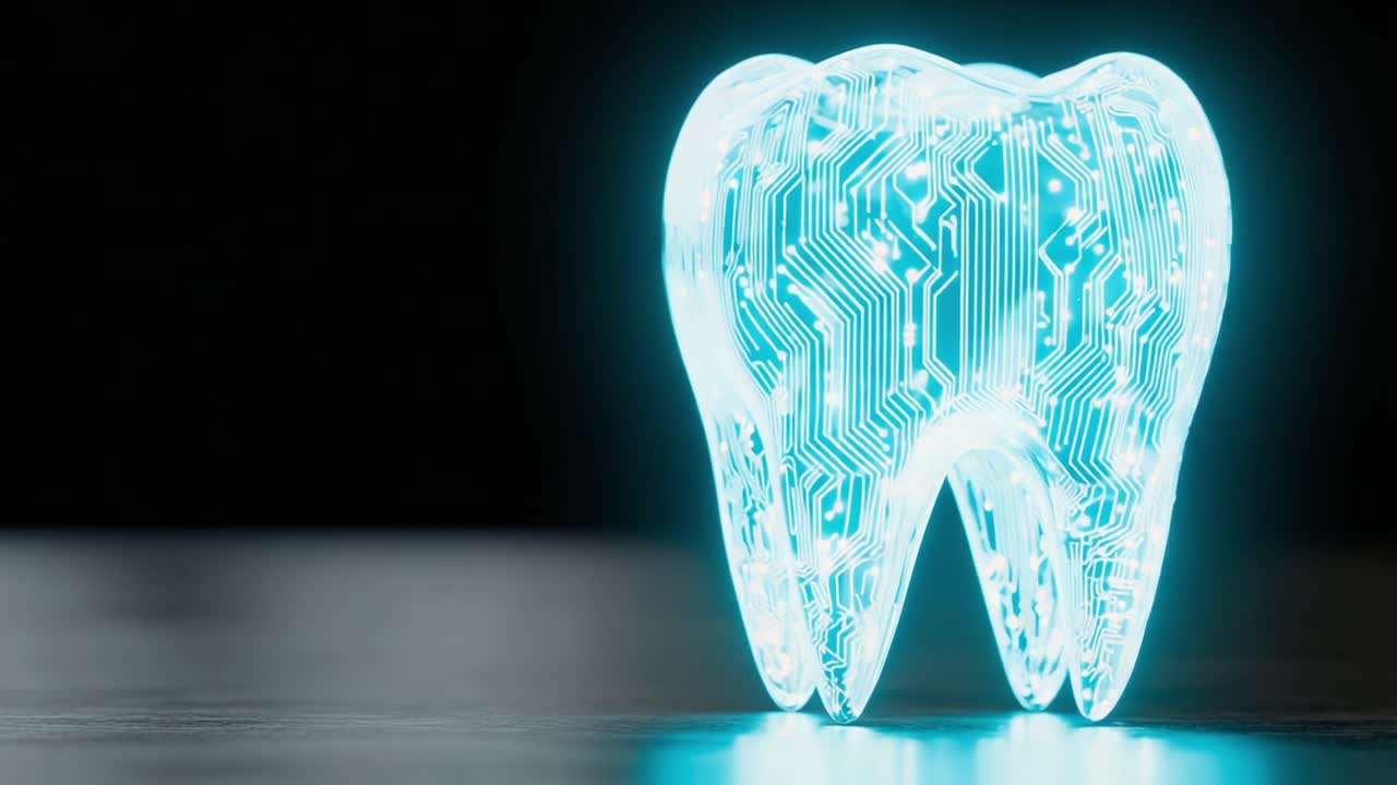 Illuminated Tooth Model with Circuitry Design Showcasing the Intersection of Dentistry and Technology in a Futuristic Aesthetic