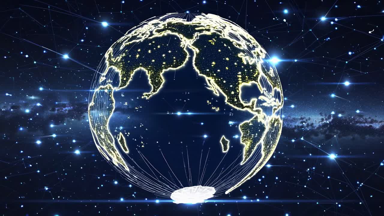 发光地球的航拍视角，带有数字线条和城市灯光，以星空为背景