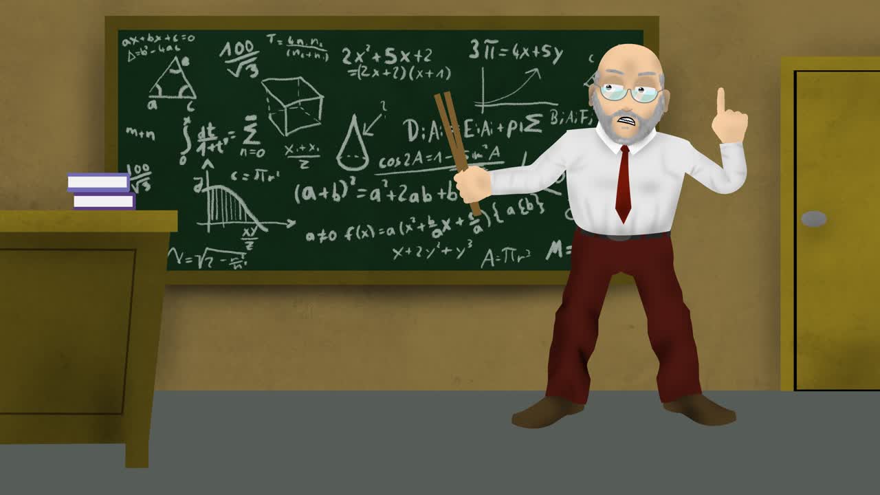 maestro enseñando matemáticas en un aula frente a una pizarra llena de escritos