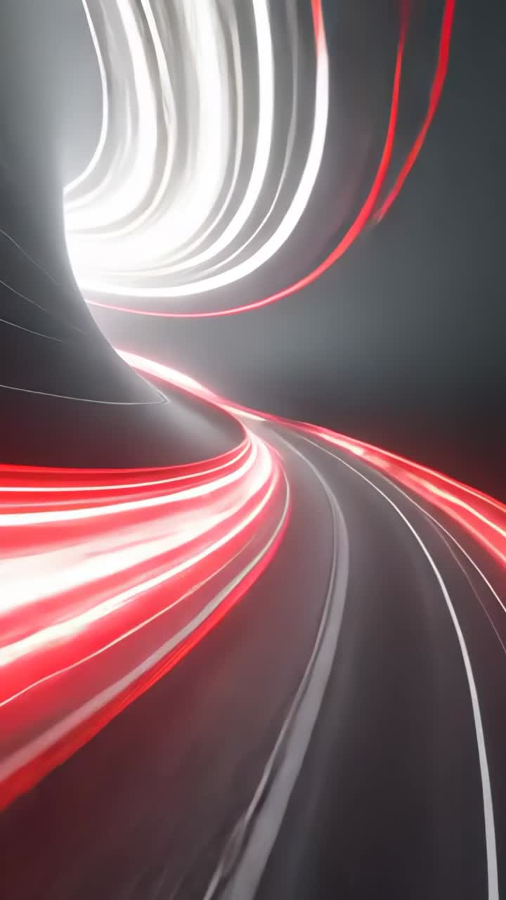 Video verticale: punto di vista che avanza nel tunnel, nastri di luce rossi e bianchi che avvolgono la colonna