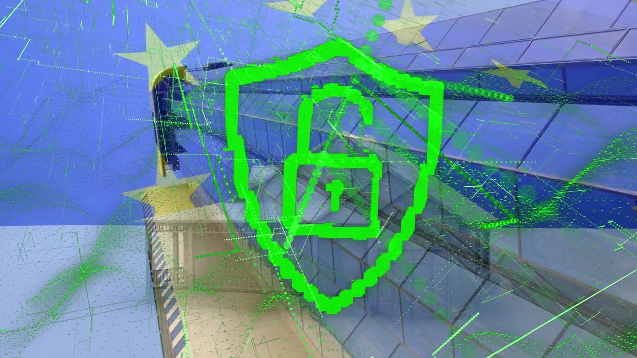 Animacja cyfrowej kłódki i zielonych linii na tle flagi Unii Europejskiej i budynków biurowych.