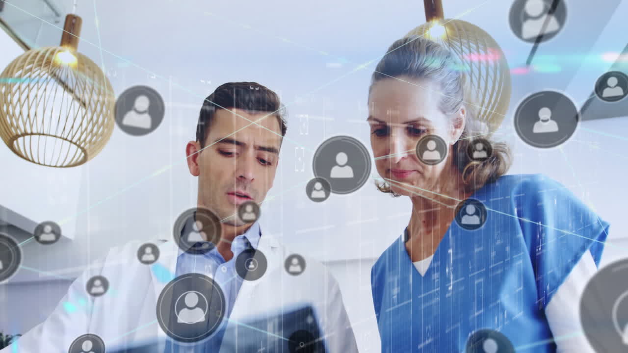 doctor and nurse analyzing tablet in clinic under lamps, with holographic telehealth icons floating