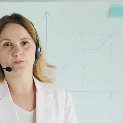 blogger en auriculares habla con la cámara contra el fondo de un tablero con diagramas