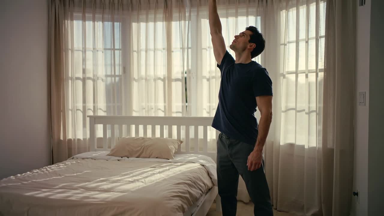 Uomo in maglietta blu scuro e pantaloni grigi si protende nella luce solare della camera da letto, alzando un braccio verso la finestra, con letto e spazio per il testo.
