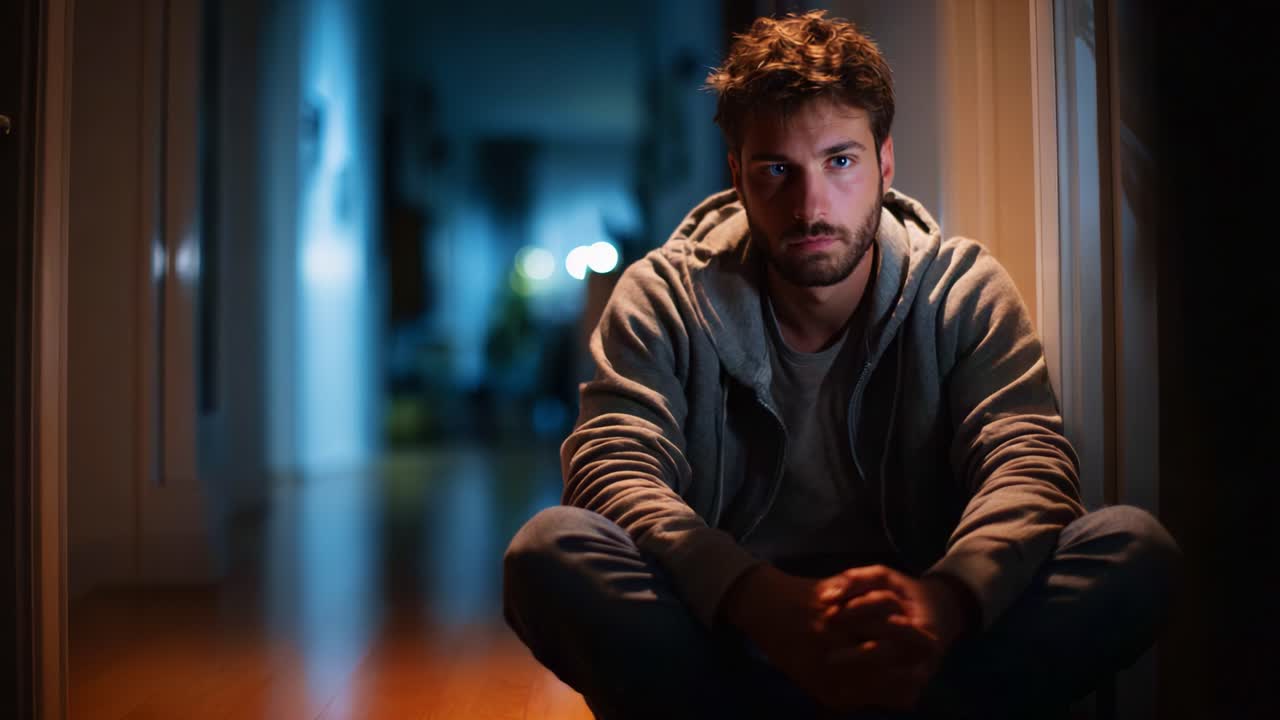 A contemplative young man sits alone in a softly lit hallway, deep in thought as shadows play around him, reflecting feelings of solitude and introspection