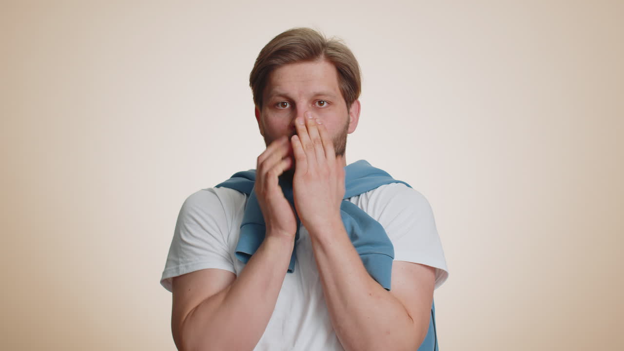 Caucasian man terrified about danger problems suffering phobia anxiety disorder expresses fear