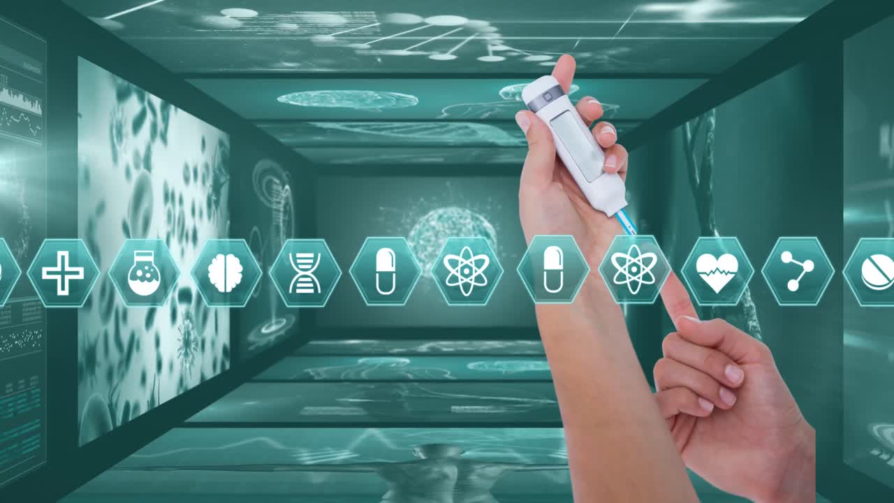 포도당 측정기를 사용하여 환자 위에 의료 아이콘의 애니메이션