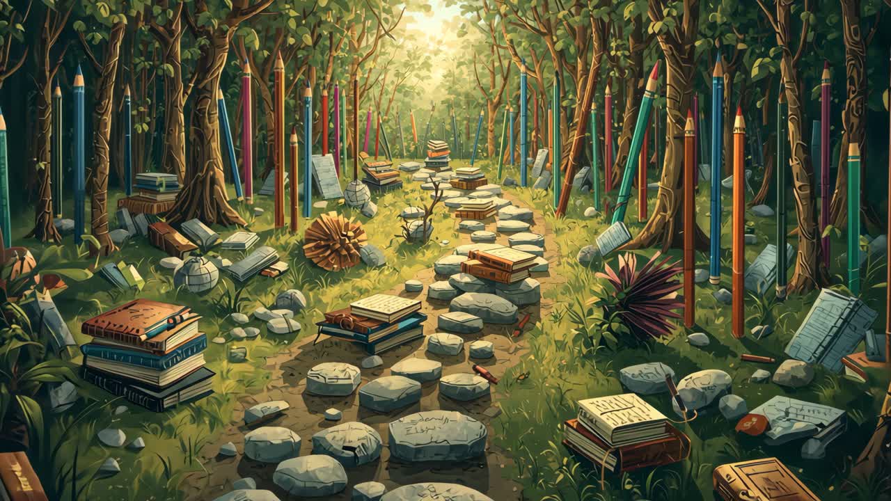 A Forest Path of Books and Pencils