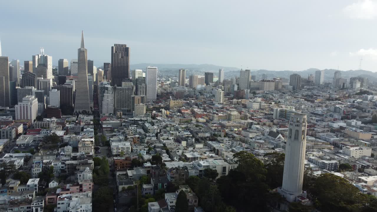 Downtown San Francisco City Skyline; Beautiful Aerial Parallax Above Coit Tower.