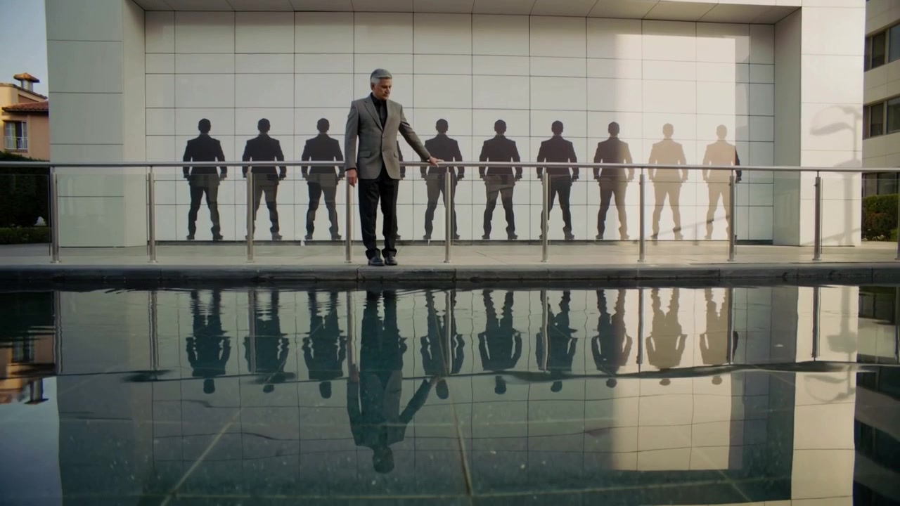Walking man in coat entering left at corridor pausing at railing by mirror pool viewing silhouettes