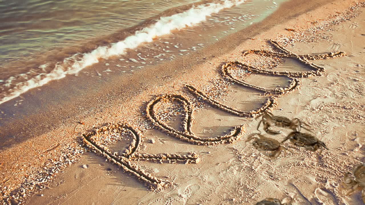 Crab and an inscription on sand, the beach. Inscription relax on sand