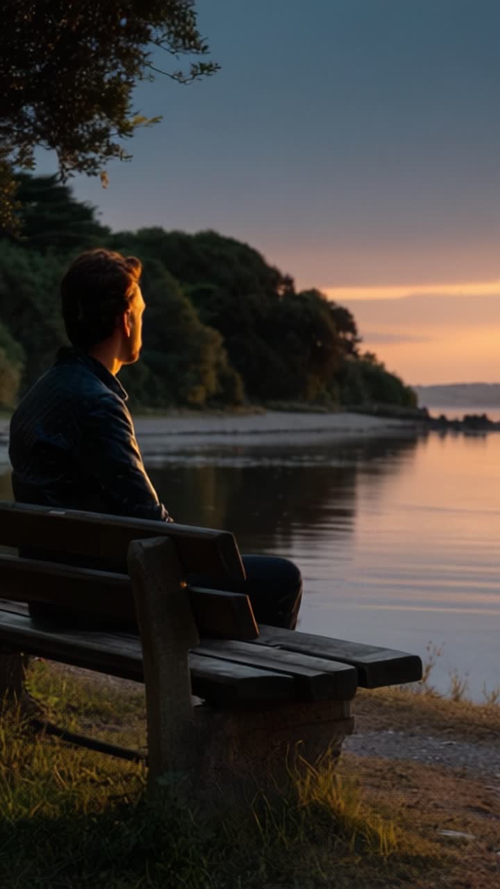 Contemplative Evening by the Water: A Person Sits on a Bench, Gazing at the Serene Sunset Reflected on the Calm Lake in a Peaceful Natural Setting
