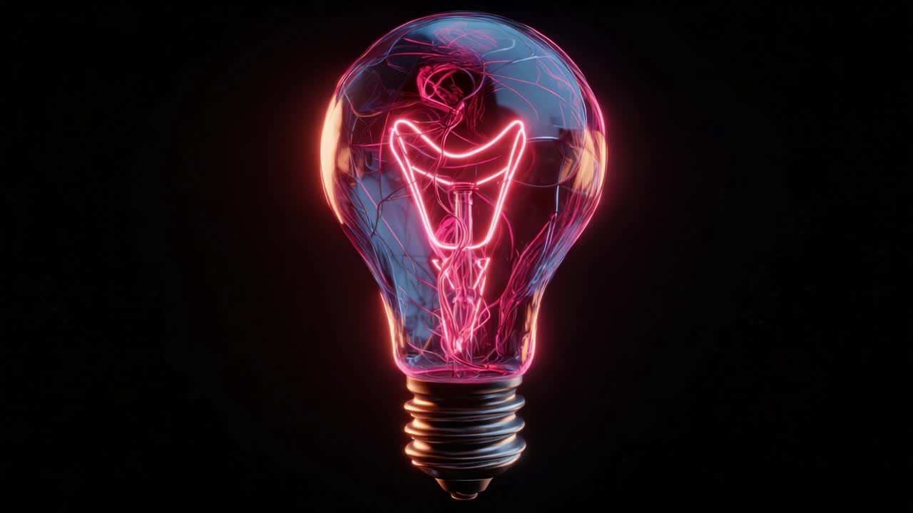 Stunning conceptual animation showing a brain like structure with a glowing nervous system inside a glass light bulb, symbolizing creativity, intelligence, innovation, and bright ideas