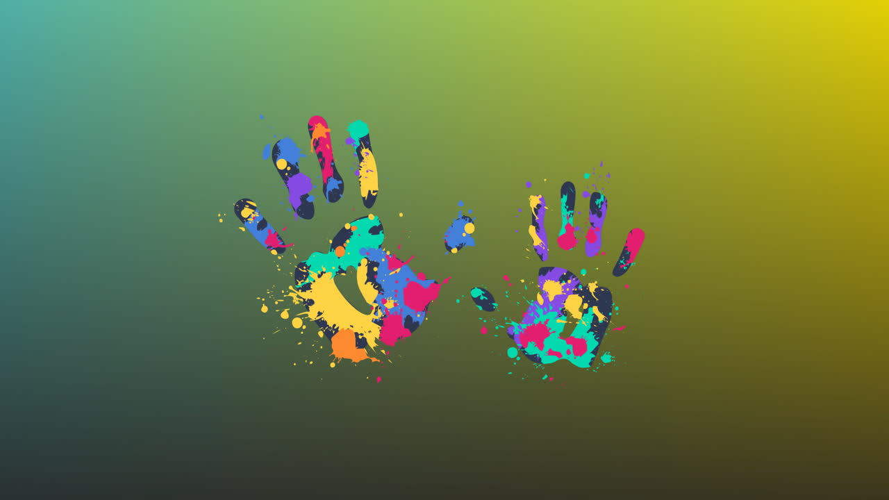 Animation of colourful paint hand prints over soft green to yellow background
