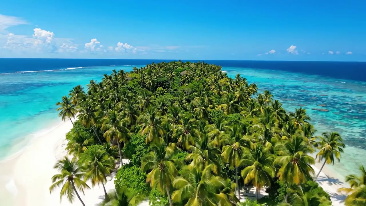Pemandangan Udara Pulau Tropis yang Tenang Dikelilingi Air Jernih dan Pohon Palem Rimbun di Bawah Langit Biru Cerah