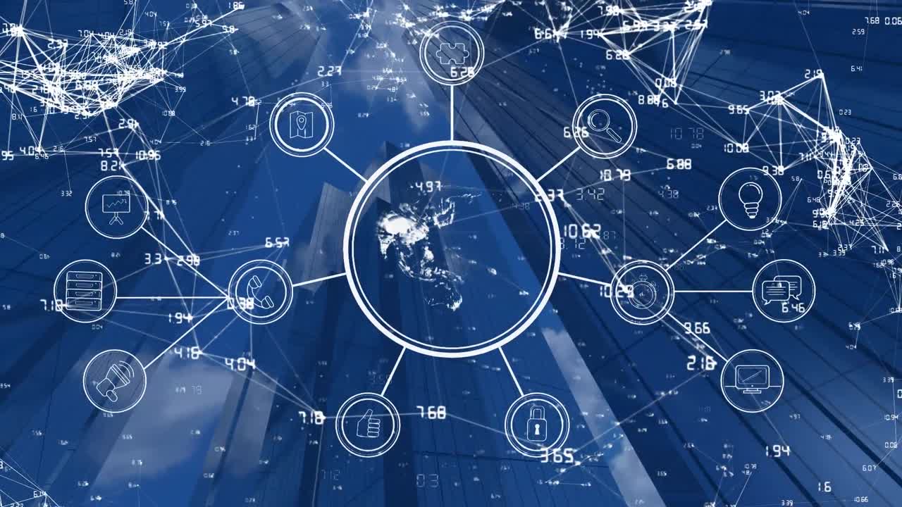 공간에서 아이콘과 수학 코드의 애니메이션
