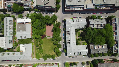 aerial view over the petite-bourgogne suburbs, revealing the canal de lachine, in sunny montreal