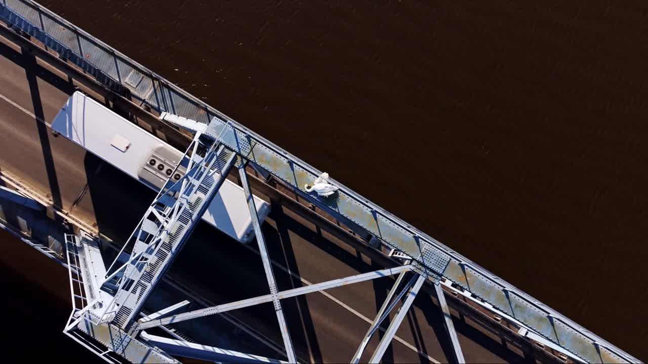 Drone captures lifeless swan resting on top of steel bridge structure over river