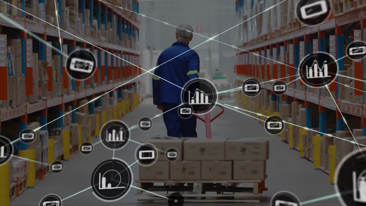 Network of digital icons against rear view of senior male worker pulling a pallet at warehouse