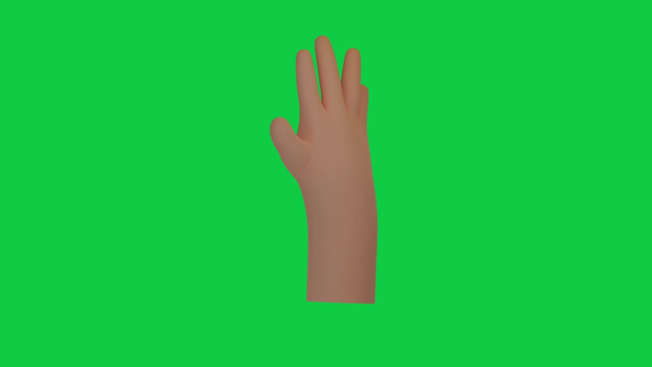 gesto de la mano en 3d en un fondo de pantalla verde cromado. canal alfa. emoticon signo animado. mostrando cinco dedos. palma de saludo abierta