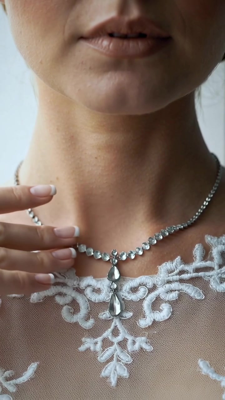 Video verticale: Donna con manicure francese che allunga la mano per centrare un ciondolo a goccia su un pizzo vicino a una finestra.