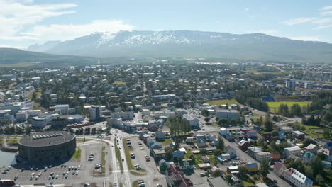 Aerial-view-of-commercial-street-and-neighborhood-of-Reykjavik,-Iceland-capital-city.-Travel-destination.-Wanderlust.-Birds-eye-of-the-world’s-northernmost-capital-on-Faxafloj-bay