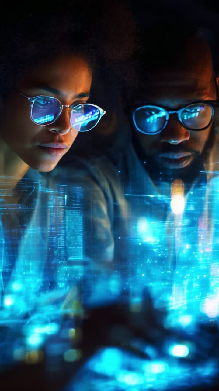 A focused collaboration between two individuals analyzing futuristic data visualizations, highlighting technology's impact on decision-making and innovation in digital environments