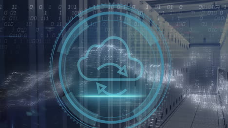 animazione dell'icona cloud e elaborazione dei dati su server informatici