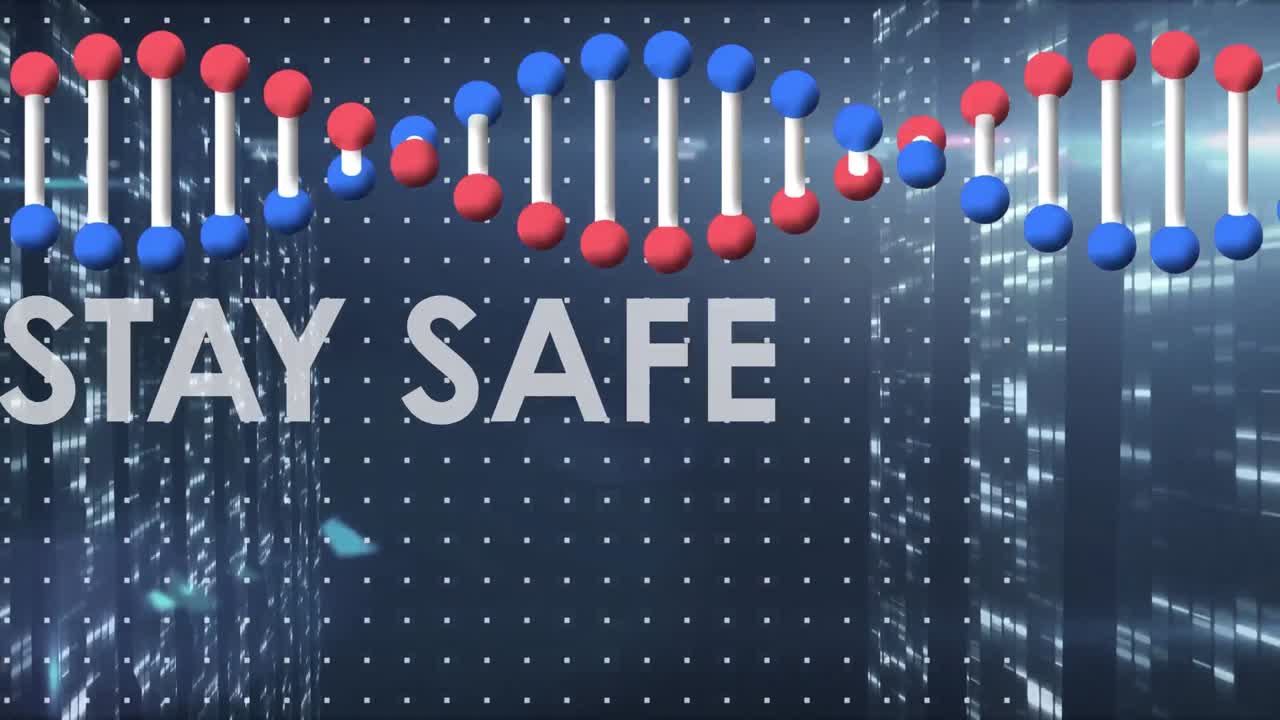 검은색 배경에 있는 dna 스트랜드와 코로나19 텍스트의 애니메이션