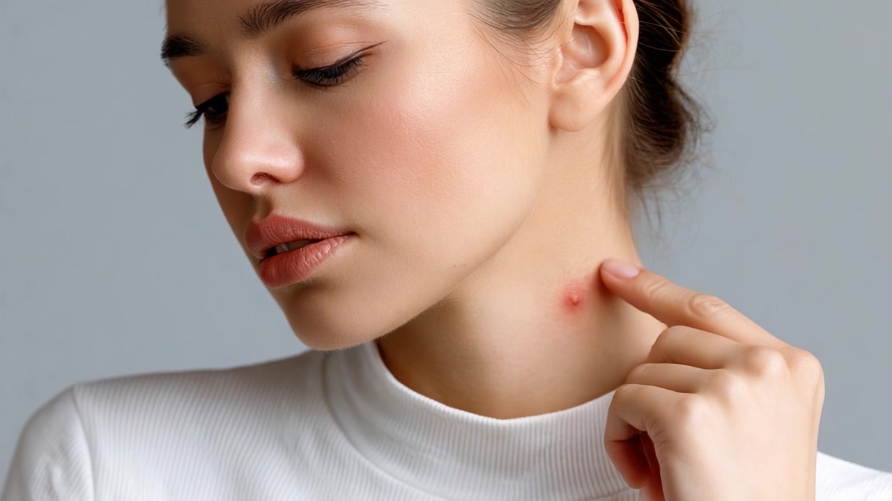 Inquadrature ravvicinate che seguono la reazione di una giovane donna a un'imperfezione della pelle sul collo, evidenziando l'importanza della salute della pelle e della cura personale nell'immagine di sé.