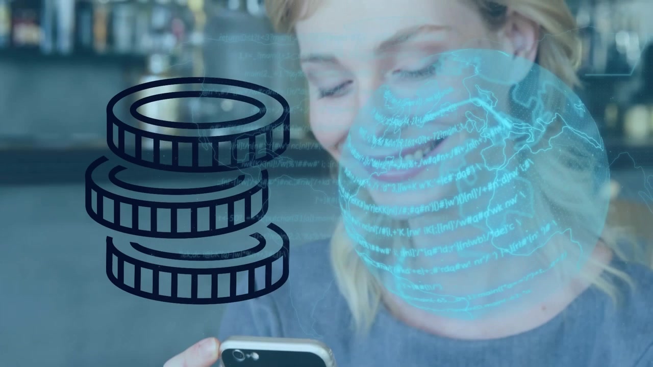 Animation of coins icon and globe over caucasian woman using smartphone