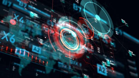 Futuristic user interface HUD GUI digital text number element for cyber technology concept with shallow depth of field dark and grain processed