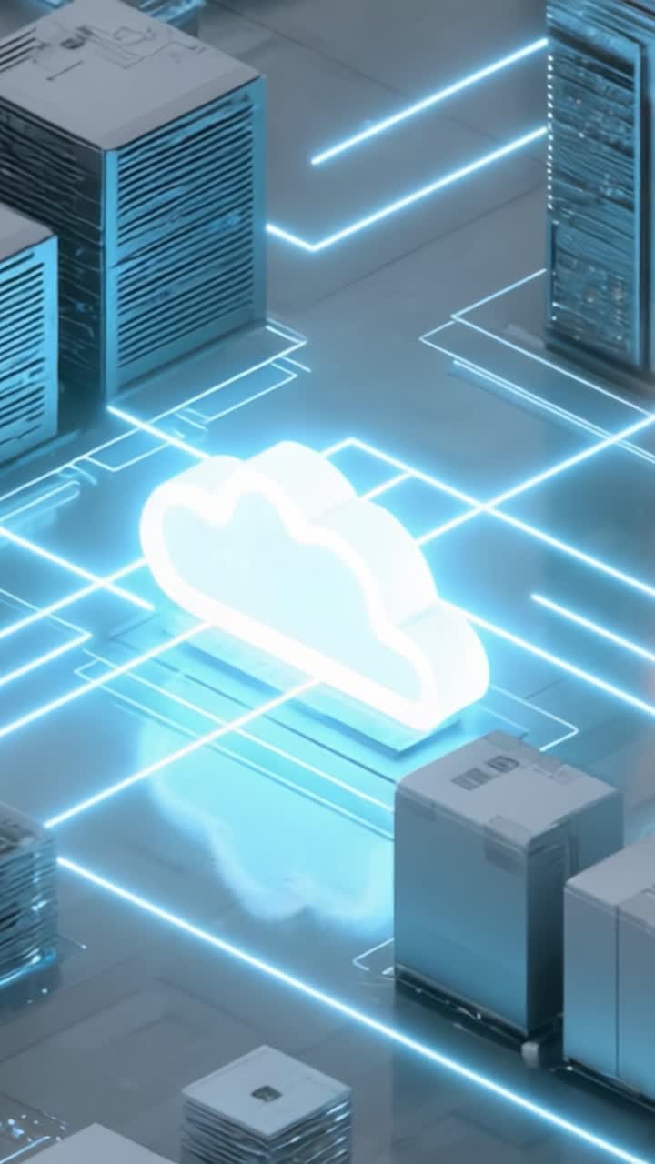 Un data center futuristico con un simbolo di nuvola luminosa che rappresenta il cloud computing, circondato da rack server avanzati ed elementi di circuiti digitali.