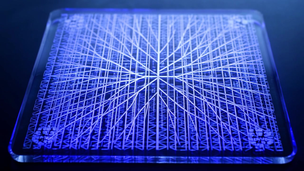 Glowing Geometric Grid Pattern on Transparent Surface