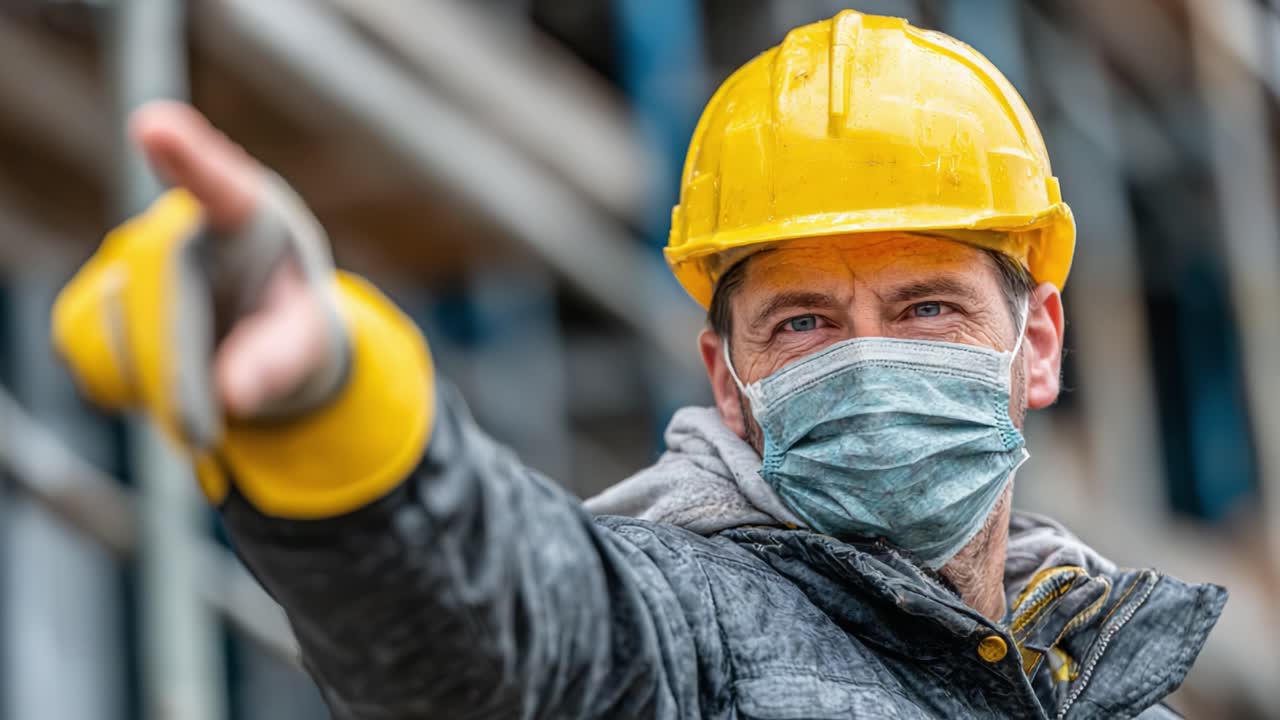 Construction Worker in Safety Gear Pointing Direction while Observing Site Operations and Safety Protocols with Attention to Detail in Construction Environment