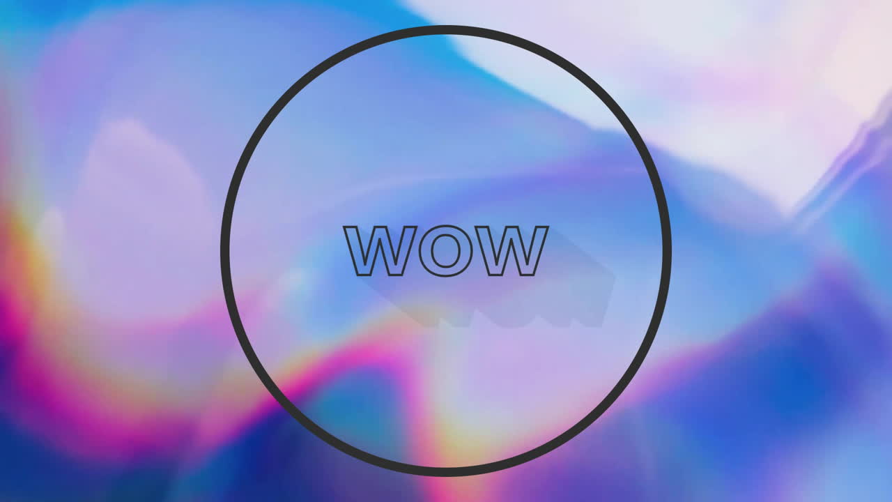 Animazione del testo 'wow' su sfondo vibrante al neon
