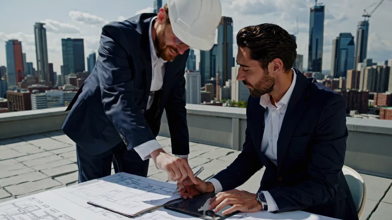hombres de negocios discutiendo planes arquitectónicos en un techo