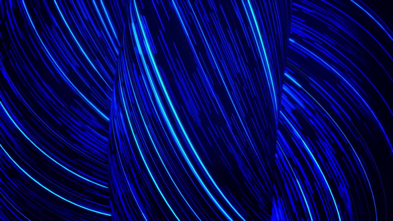 líneas estrechas de neón abstractas en forma de tubos retorcidos que se mueven y giran sobre un fondo negro, bucle sin costuras. animación. figuras 3d azules brillantes de rayas brillantes de luz