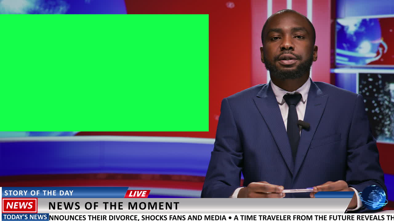 Newscaster does report with greenscreen