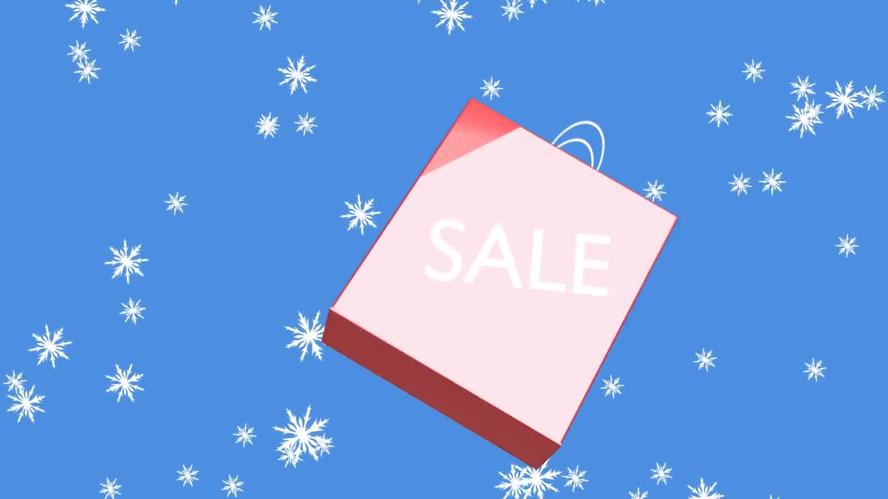 animación de nieve cayendo sobre la bolsa roja con texto de venta