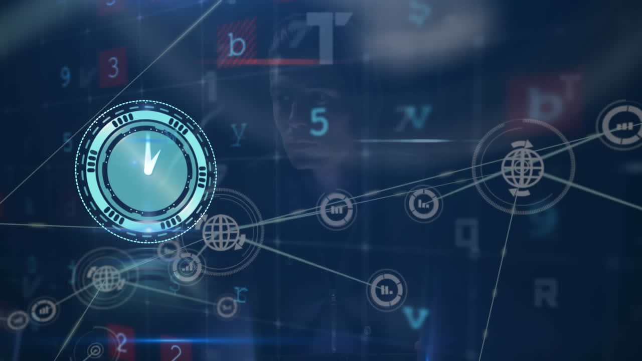 Animation of clock ticking over virus warning text and network of connections