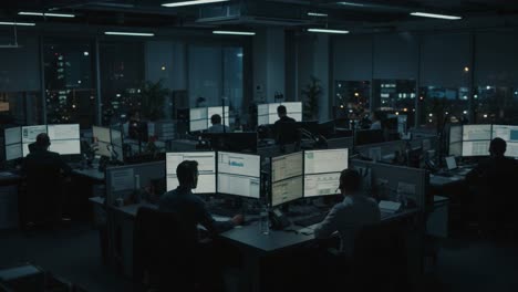 a dynamic office environment showcasing focused individuals engaged in work amidst multiple monitors and a busy night cityscape