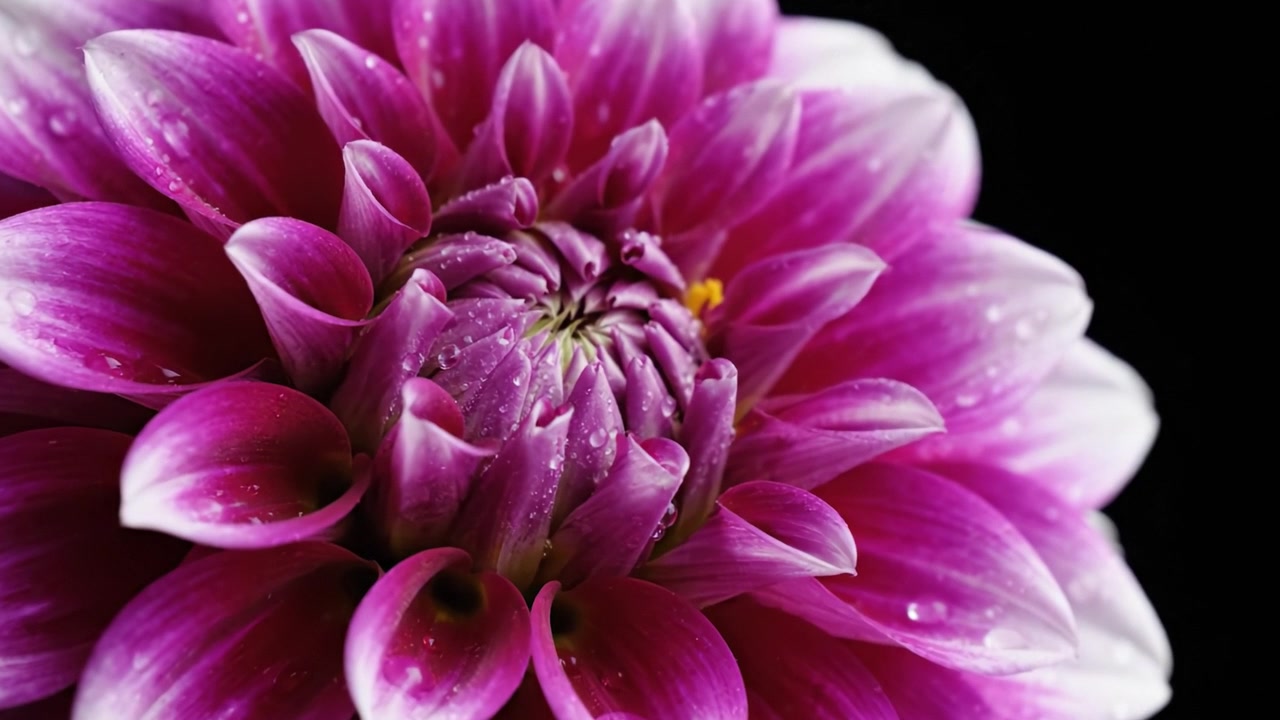 Primo piano mozzafiato di un fiore rosa vibrante con goccioline d'acqua, che mostra petali intricati e bellezza naturale su uno sfondo scuro.