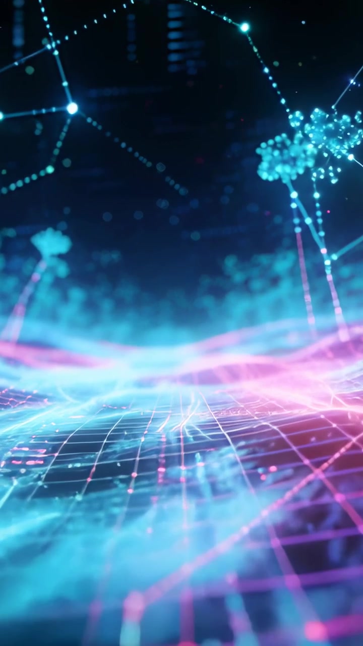 Lodret video: Afspilning starter neonnet og noder, der fejer hen over et dataplan og viser dataflow.