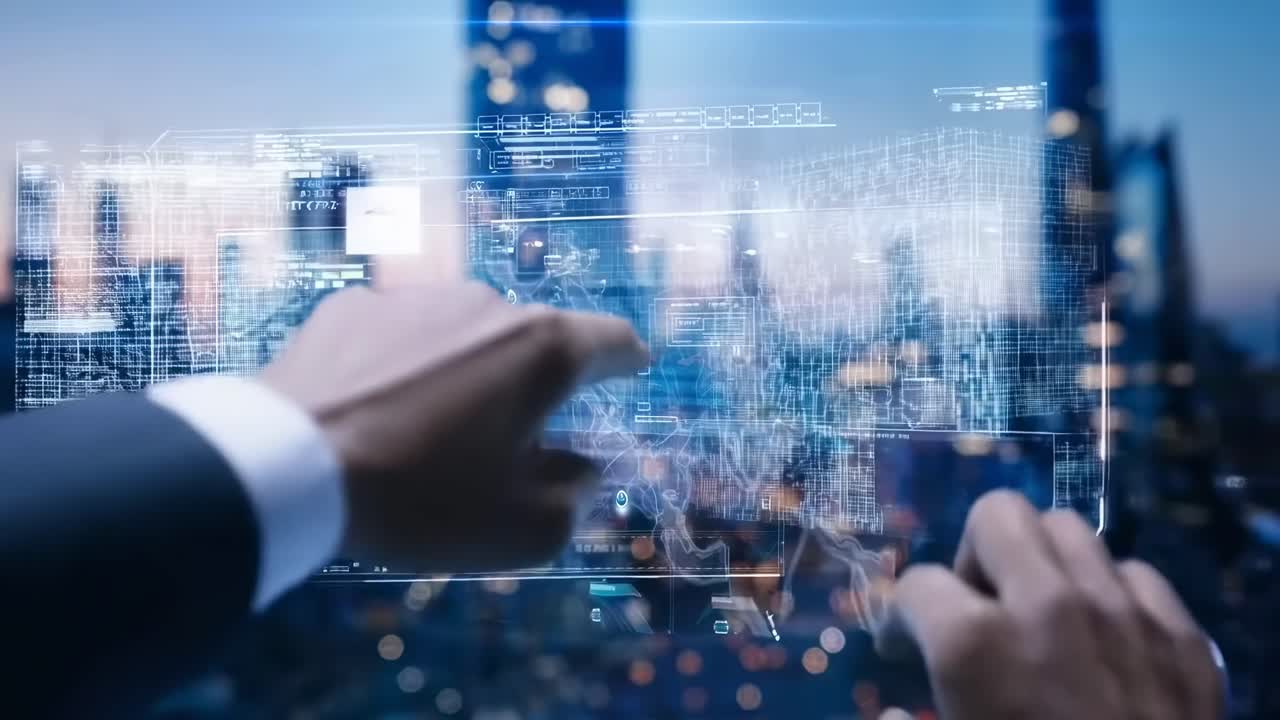 Futuristic video concept with a POV angle, showing hands interacting with a virtual interface