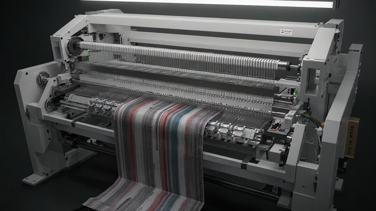Advanced Textile Machinery In Operation: A High-Performance Weaving Loom Showcasing Precision Engineering While Producing Vibrant, Striped Fabric in a Controlled Environment