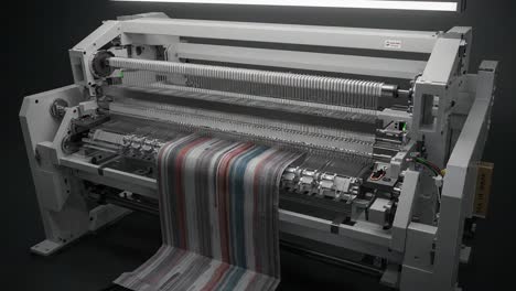 advanced textile machinery in operation: a high-performance weaving loom showcasing precision engineering while producing vibrant, striped fabric in a controlled environment