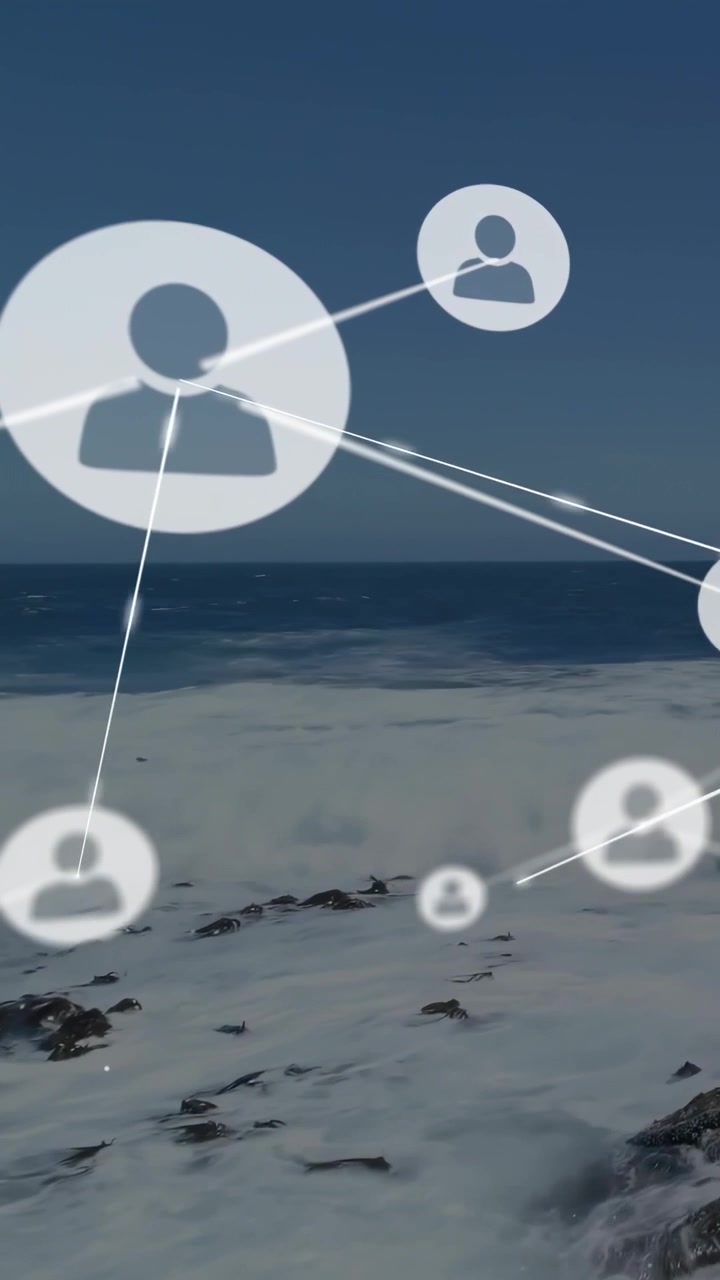 Vertical video: Nodes fading in from right, moving over sea, scaling and linking, showing network
