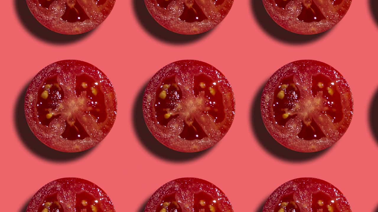 산호 배경에 토마토 슬라이스를 가진 기하학적 패턴 간단한 모션 그래픽 음식 개념 원활한 루프 애니메이션